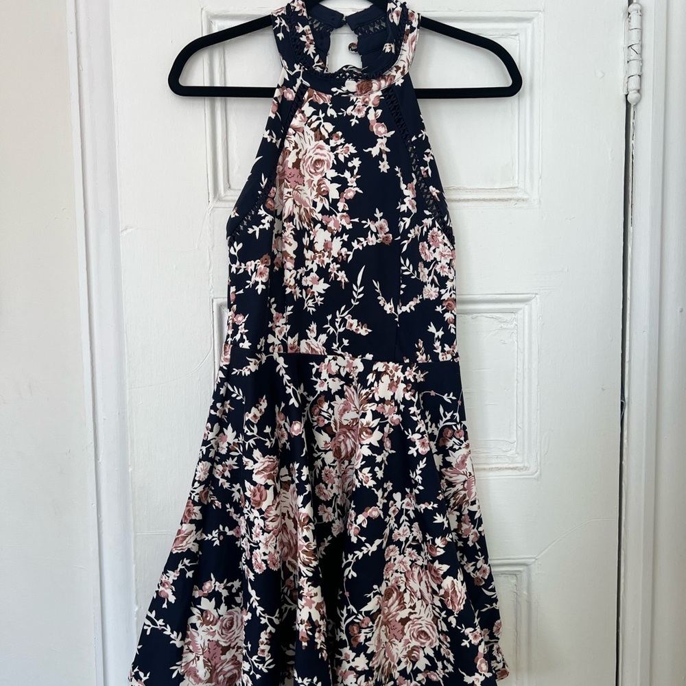 B. Darlin Navy Blue Floral Halter Fit & Flare Dress